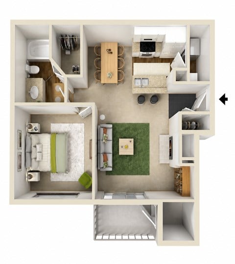 Floor plan for 1 bed, 1 bath, 692 sqft